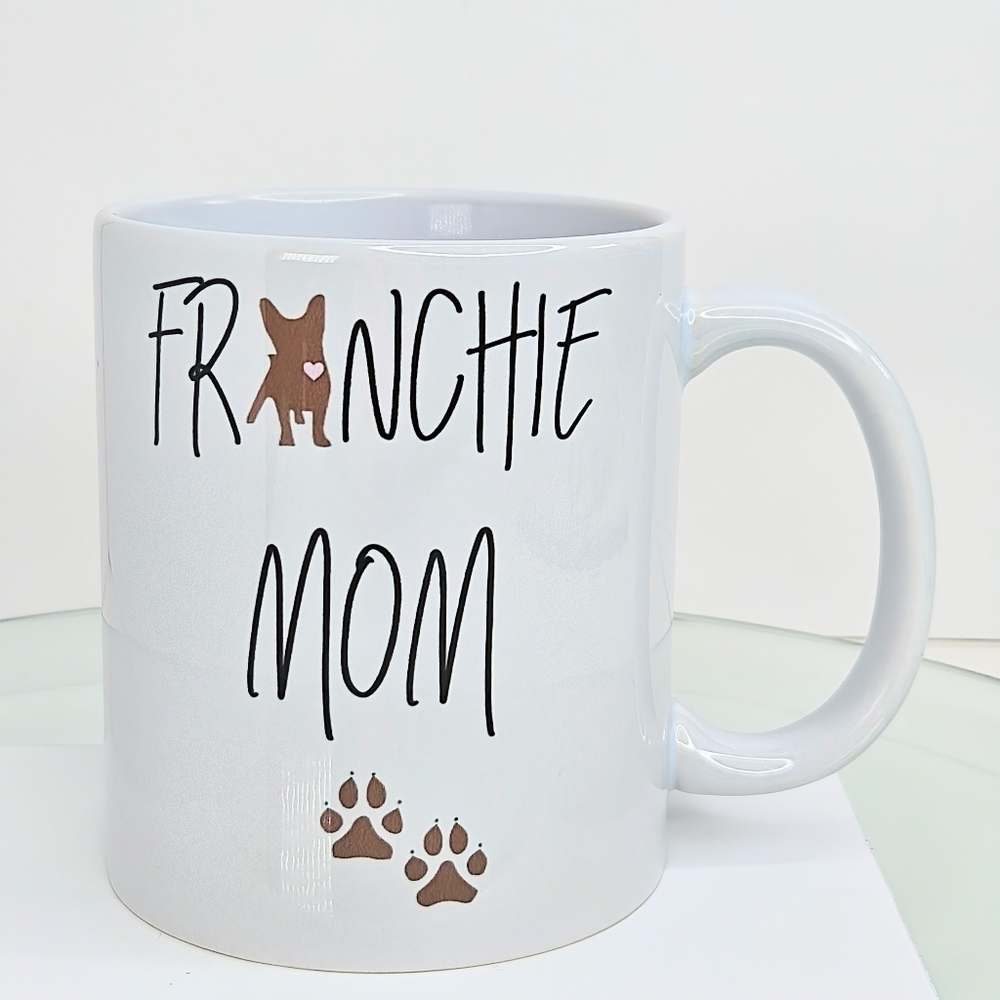 'Frenchie Mom' Mug 12 Oz White Ceramic Brown Frenchie Dog Paw Prints Graphic